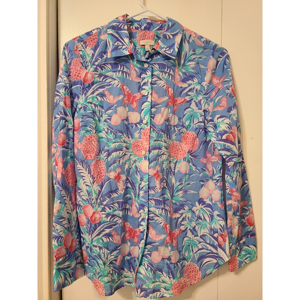 Talbots Ratti Tropical Print Classic Cotton Shirt Vibrant Blue and Pink. Size S